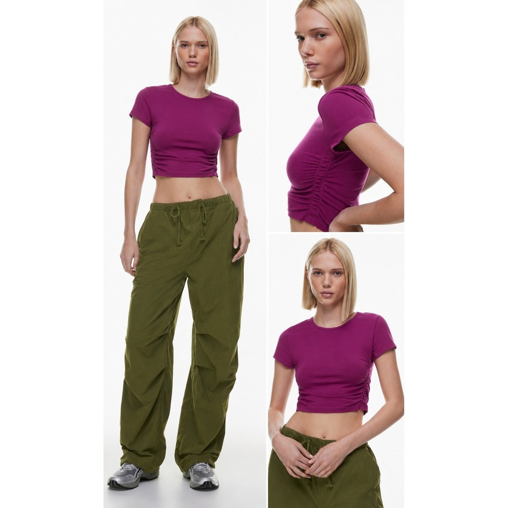 Tna Aritzia Homestretch Ruched Crop Top XS Magenta Purple Short Sleeve Tee Gorp
